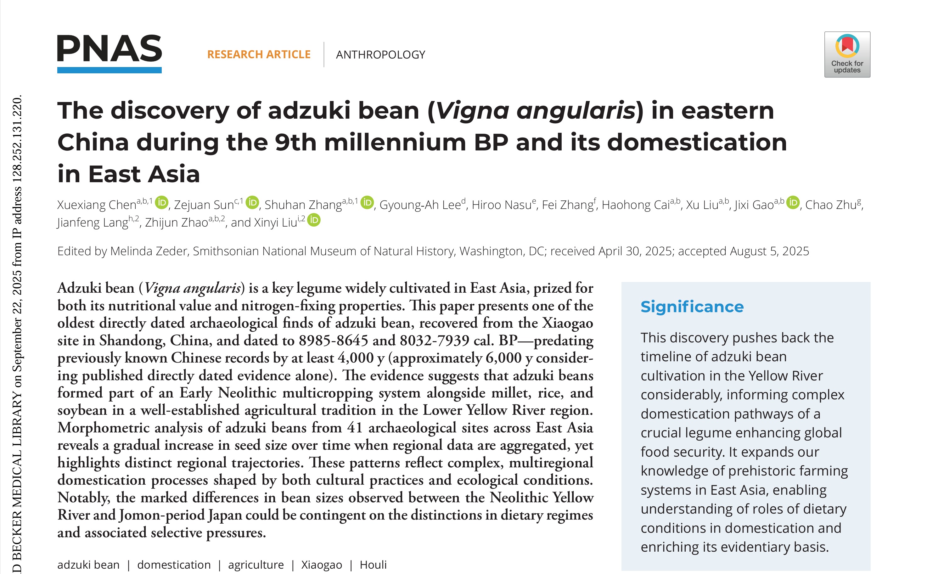 陈雪香教授团队在PNAS报道九千年前小豆（V. angularis)考古新发现